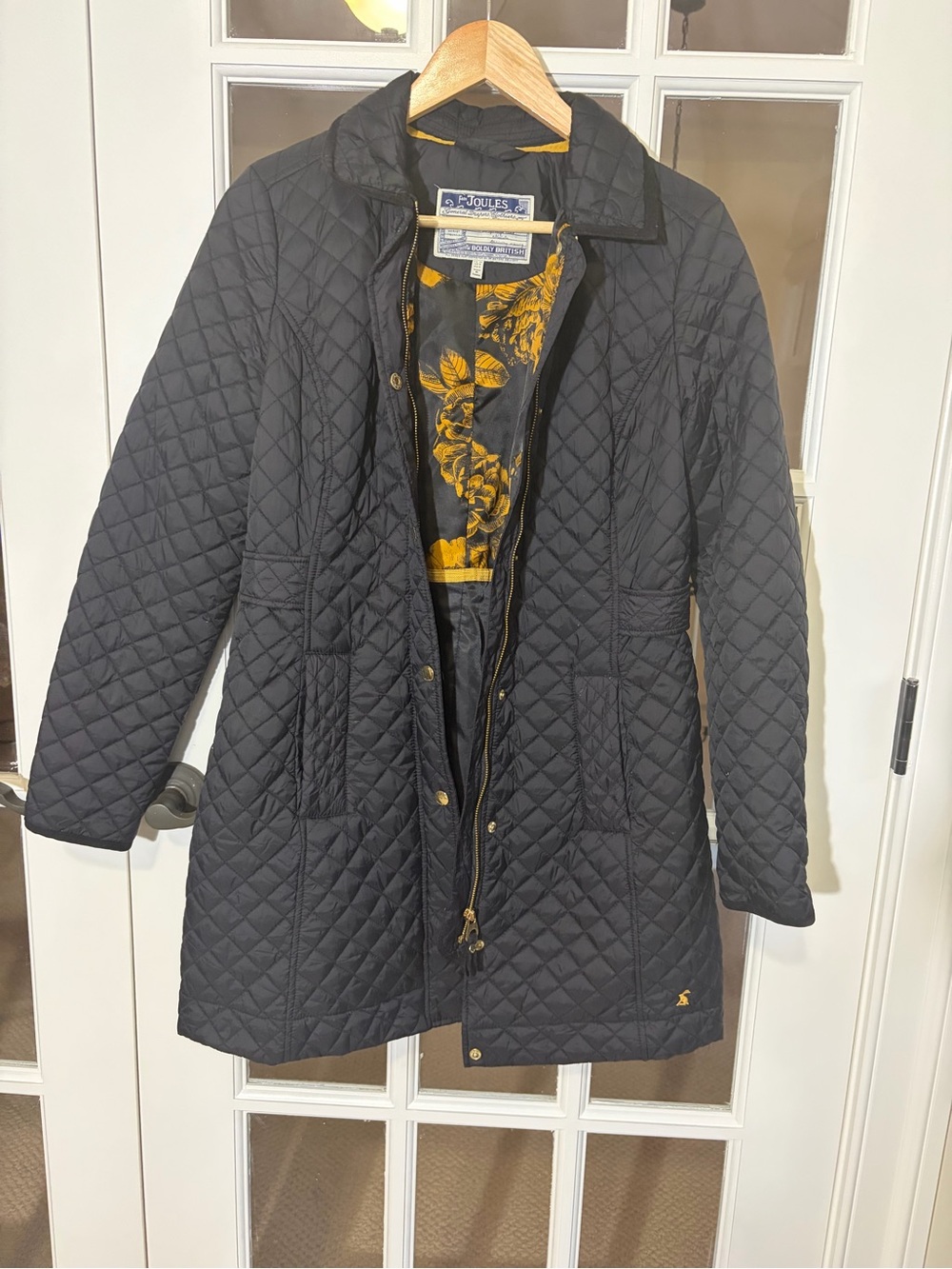 Joules Black Quilted Long Puffer with Yellow Floral Lining